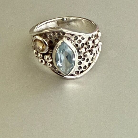 Natural Blue Topaz And Citrine Sterling Silver Ring Marquise Cut Bali Framed 7 - Picture 6 of 7